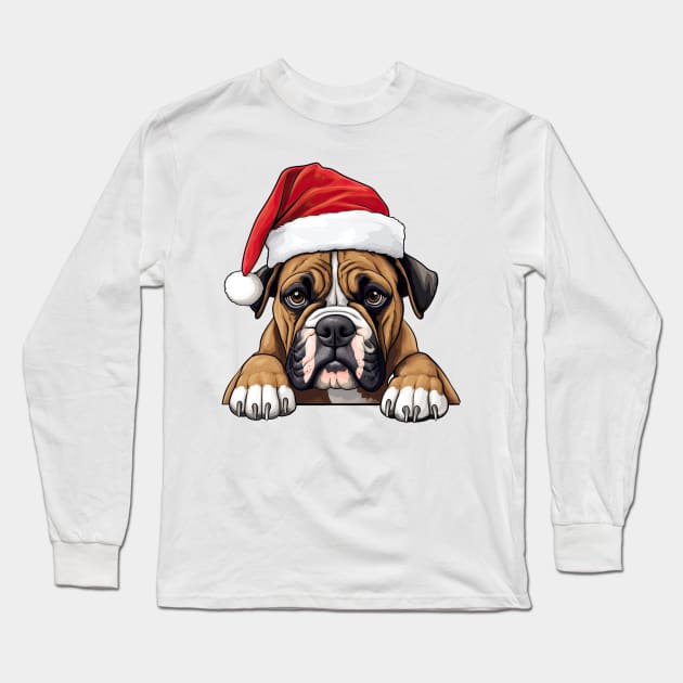 Christmas Peeking Boxer Dog Long Sleeve T-Shirt by Chromatic Fusion Studio